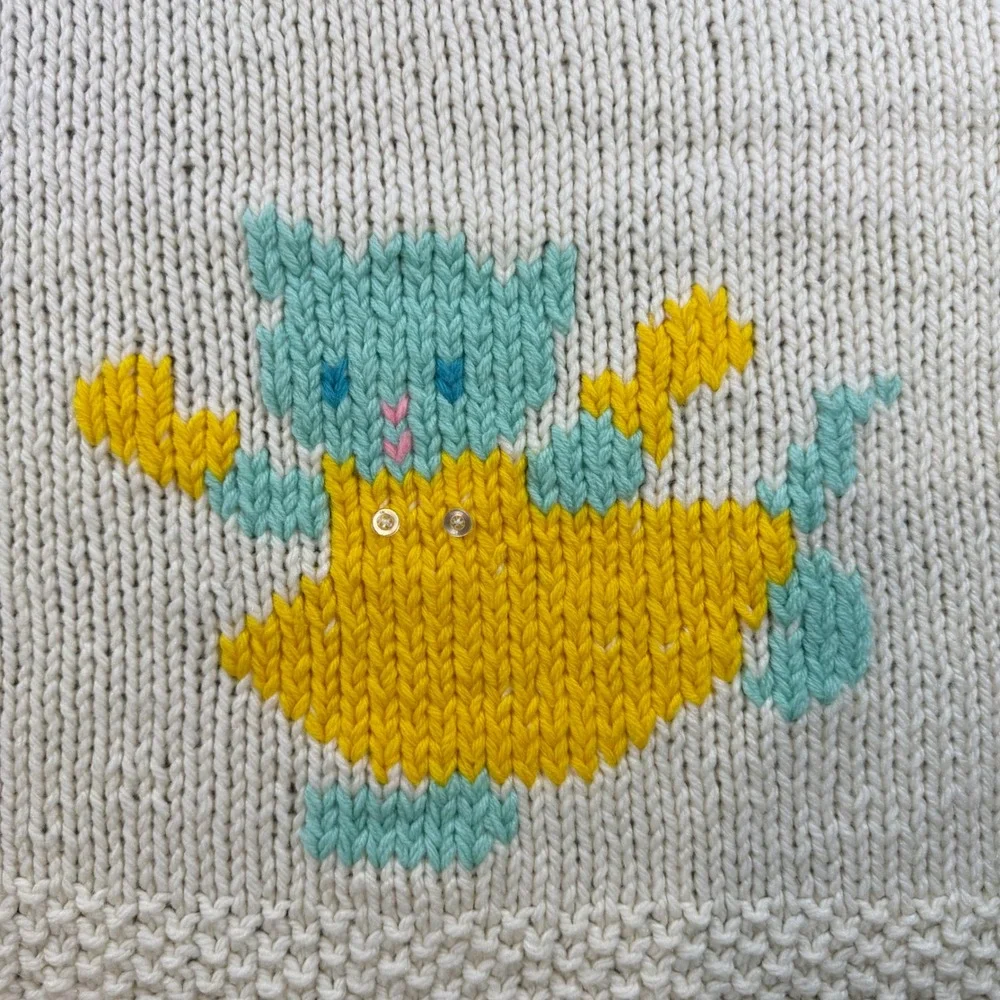 Vintage Hand Knit Baby Blanket Cream Blue Yellow Kittens Buttons 48x31 Nursery